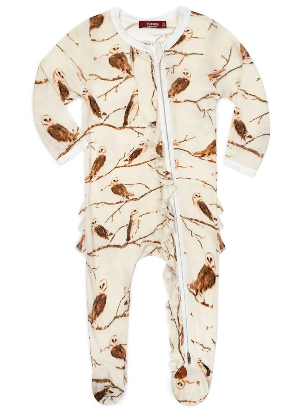 Milkbarn Cream Footed One-Piece with Brown Owl Print